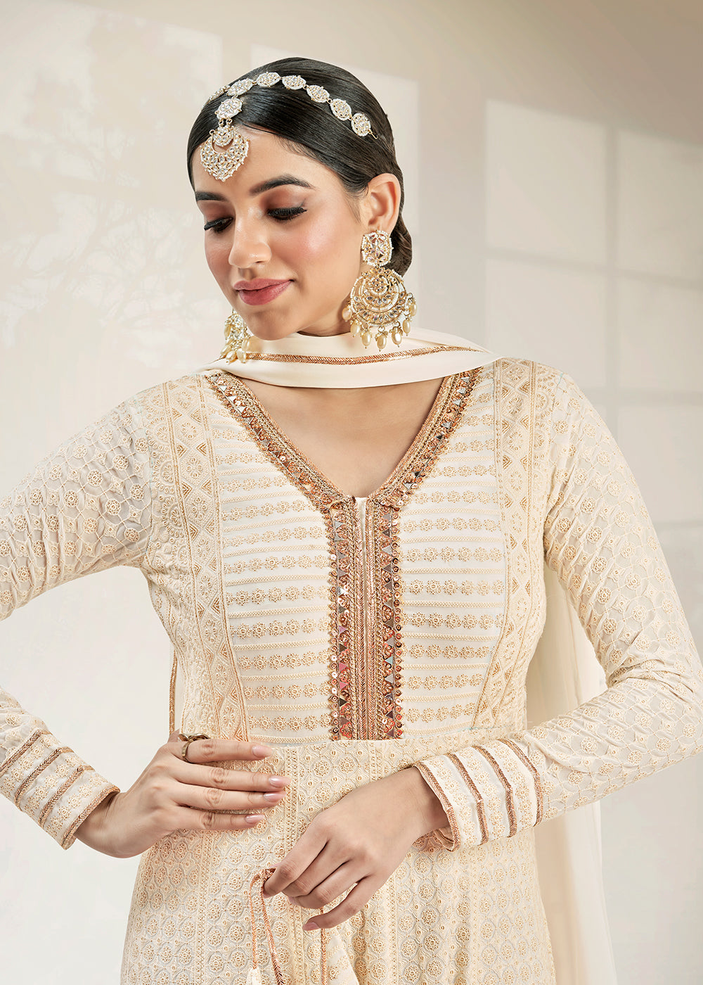 Buy Now Glittering Party Style Pearl White Traditional Embroidered Anarkali Suit Online in USA, UK, Australia, New Zealand, Canada & Worldwide at Empress Clothing.