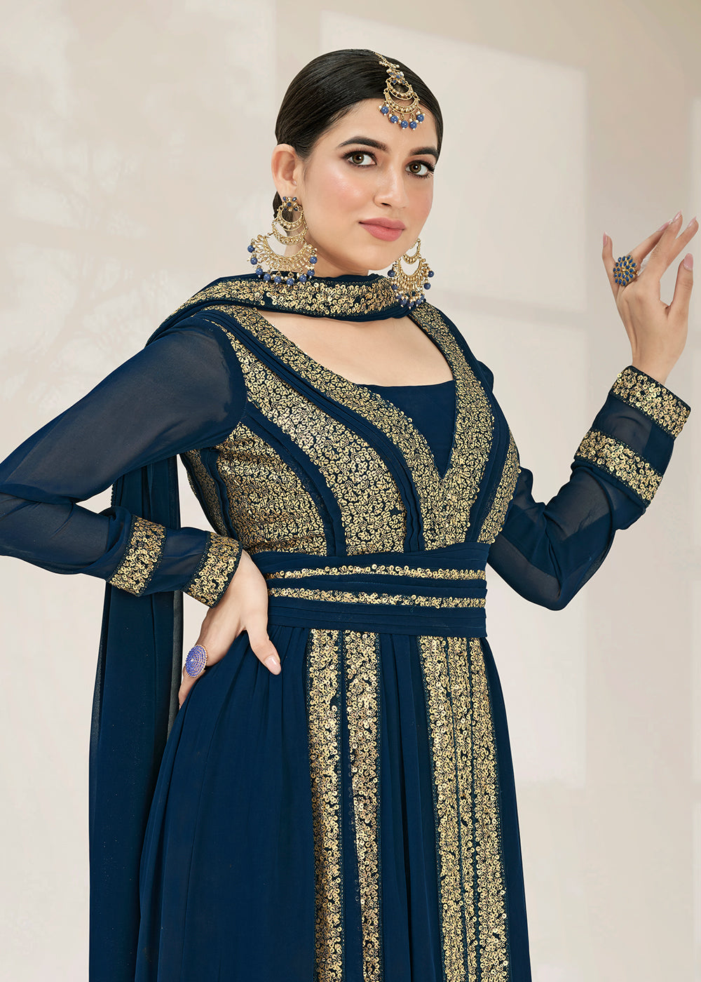 Buy Now Fascinating Party Style Blue Gathered Style Anarkali Suit Online in USA, UK, Australia, New Zealand, Canada & Worldwide at Empress Clothing.