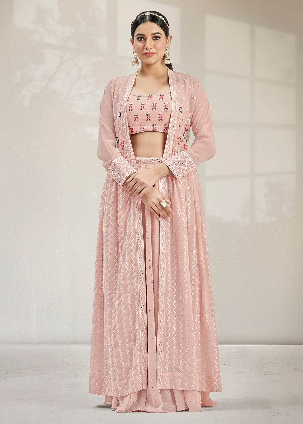Shop Now Dazzling Party Style Seashell Pink Lehenga Choli with Jacket Online in USA, UK, Canada & Worldwide at Empress Clothing. 