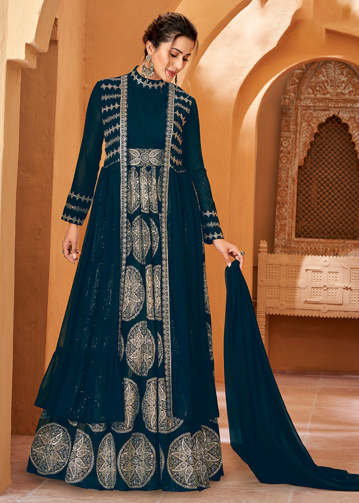 Buy Now Party Wear Admirable Prussian Blue Jacket Style Anarkali Dress Online in USA, UK, Australia, New Zealand, Canada & Worldwide at Empress Clothing. 