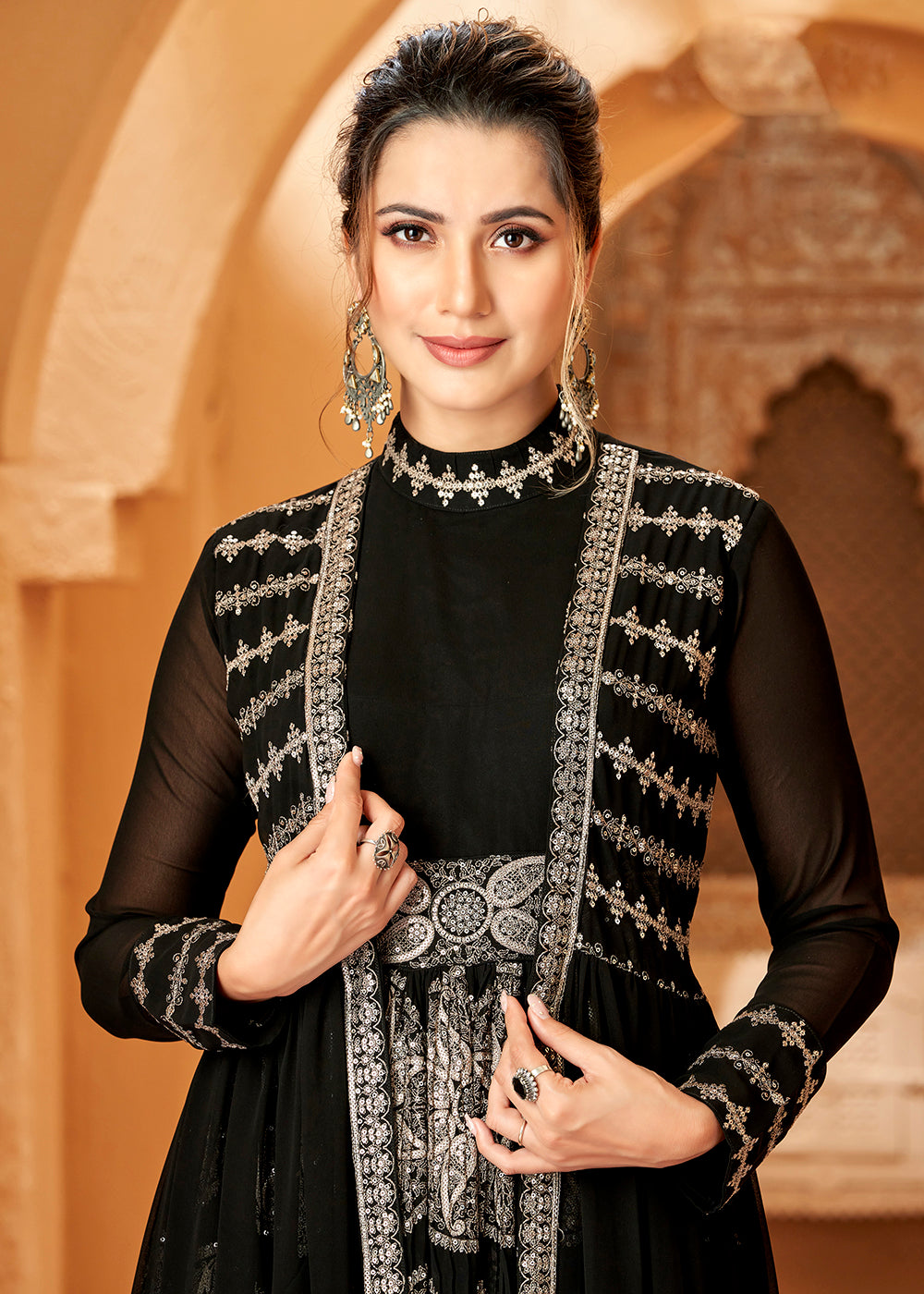 Buy Now Party Wear Divine Charcoal Black Jacket Style Anarkali Dress Online in USA, UK, Australia, New Zealand, Canada & Worldwide at Empress Clothing.