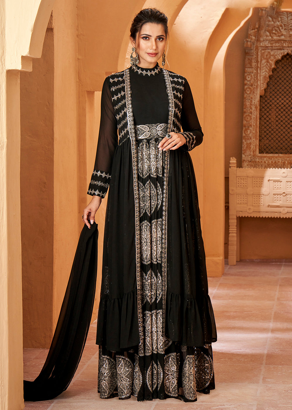 Buy Now Party Wear Divine Charcoal Black Jacket Style Anarkali Dress Online in USA, UK, Australia, New Zealand, Canada & Worldwide at Empress Clothing.