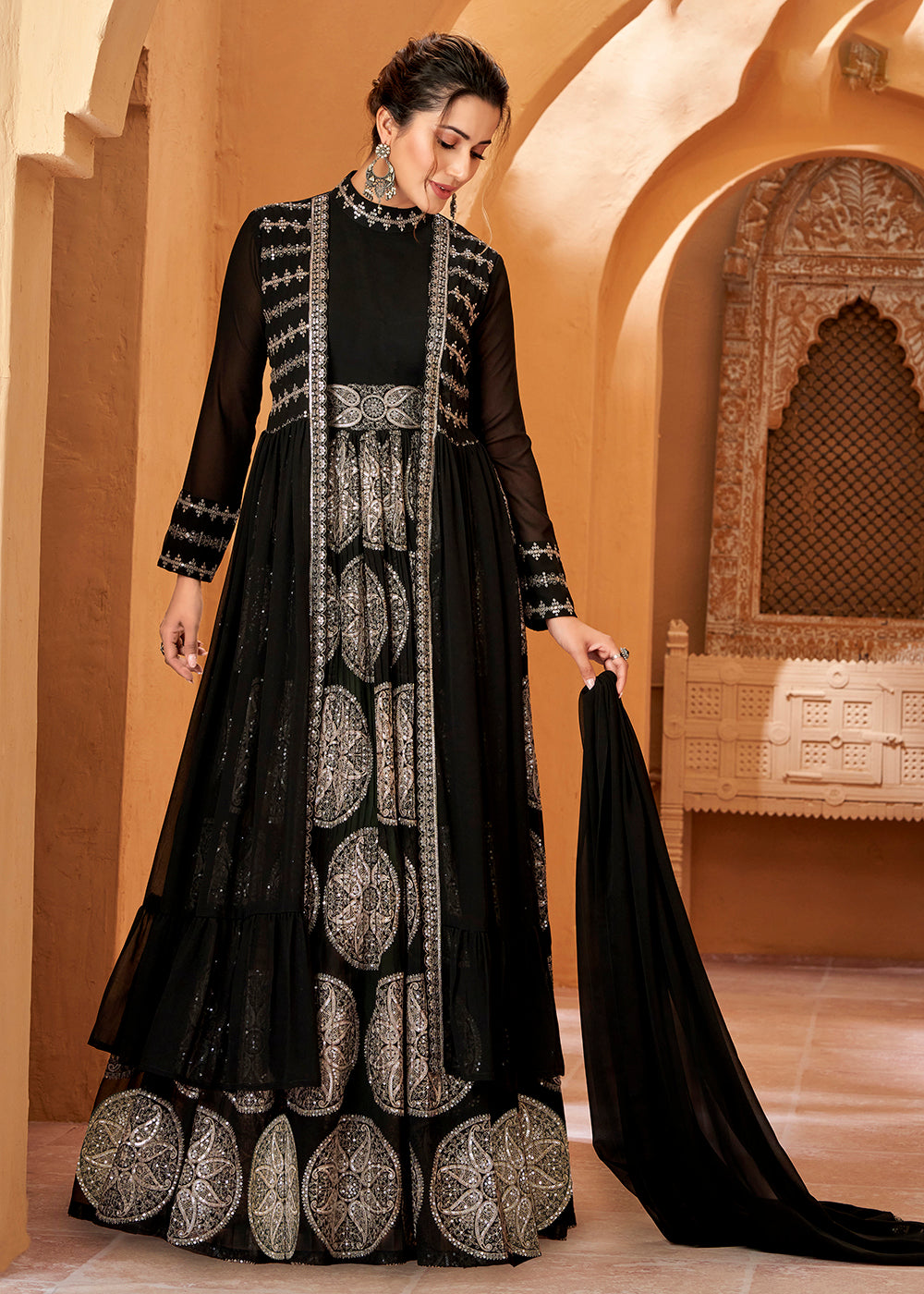 Party Wear Divine Charcoal Black Jacket Style Anarkali Dress Party Wear Divine Charcoal Black Jacket Style Anarkali Dress