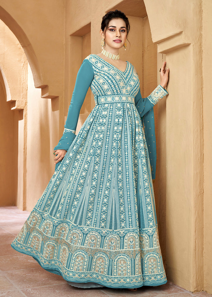 Buy Now Lucknowi Floor Length Olympic Blue Ethnic Anarkali Suit Online in USA, UK, Australia, New Zealand, Canada, Italy & Worldwide at Empress Clothing. 