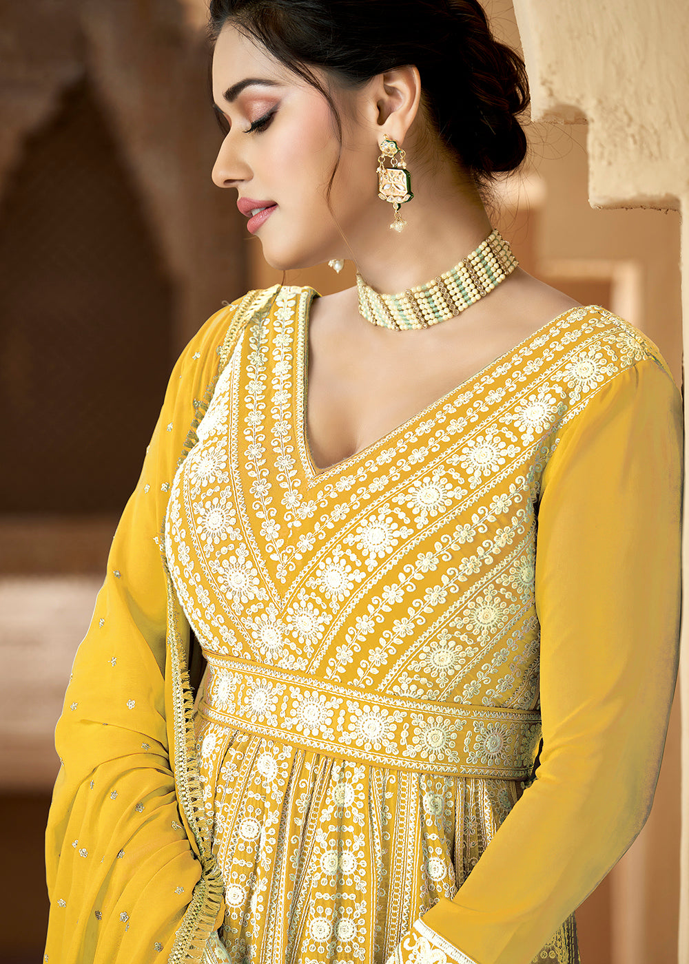 Buy Now Lucknowi Floor Length Corn Yellow Ethnic Anarkali Suit Online in USA, UK, Australia, New Zealand, Canada, Italy & Worldwide at Empress Clothing. 