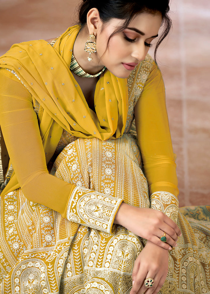 Buy Now Lucknowi Floor Length Corn Yellow Ethnic Anarkali Suit Online in USA, UK, Australia, New Zealand, Canada, Italy & Worldwide at Empress Clothing. 