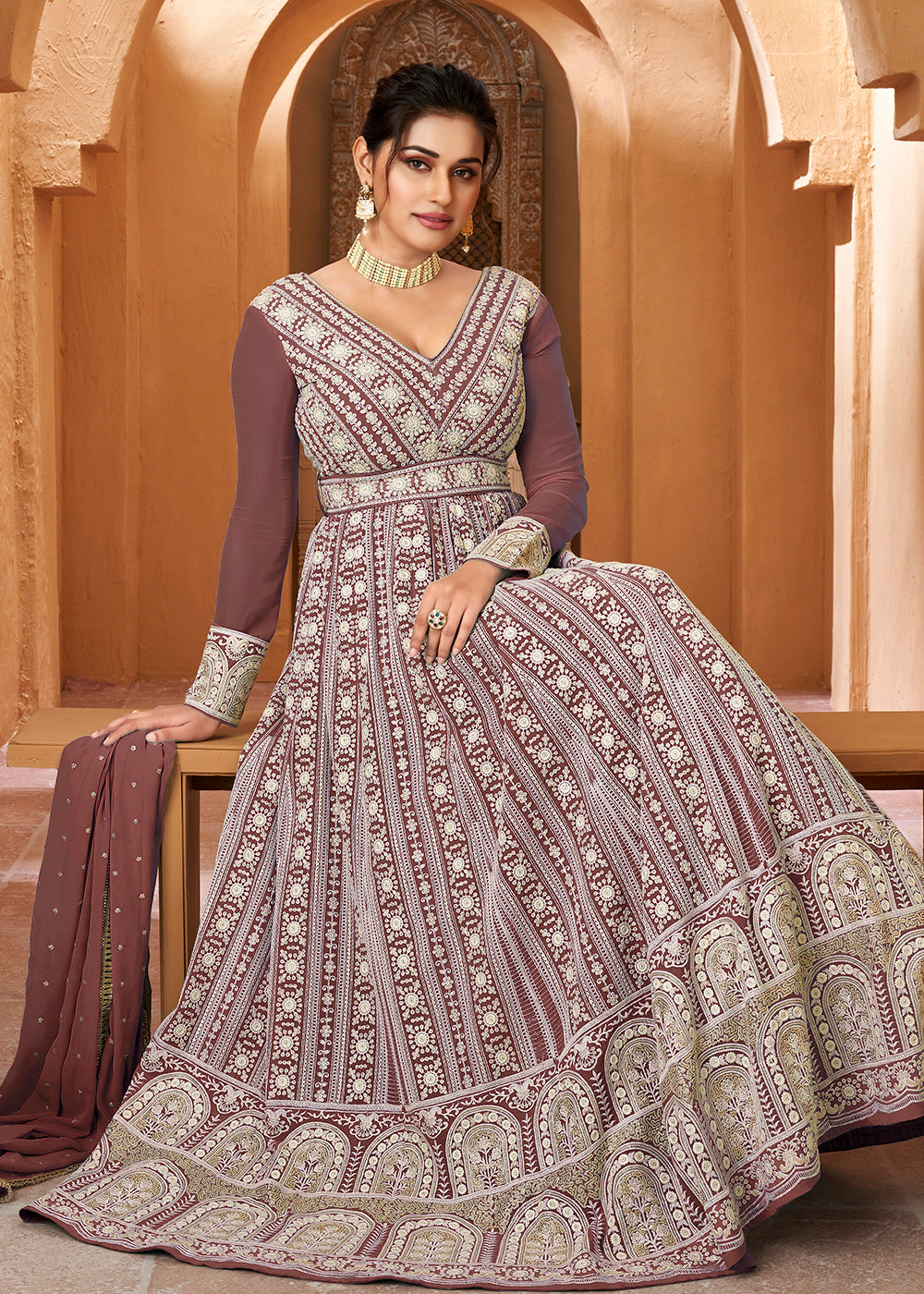 Buy Now Lucknowi Floor Length Walnut Brown Ethnic Anarkali Suit Online in USA, UK, Australia, New Zealand, Canada, Italy & Worldwide at Empress Clothing.