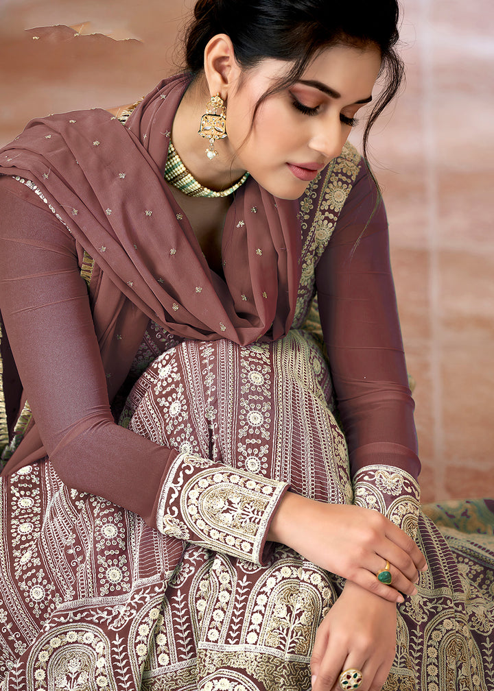 Buy Now Lucknowi Floor Length Walnut Brown Ethnic Anarkali Suit Online in USA, UK, Australia, New Zealand, Canada, Italy & Worldwide at Empress Clothing.