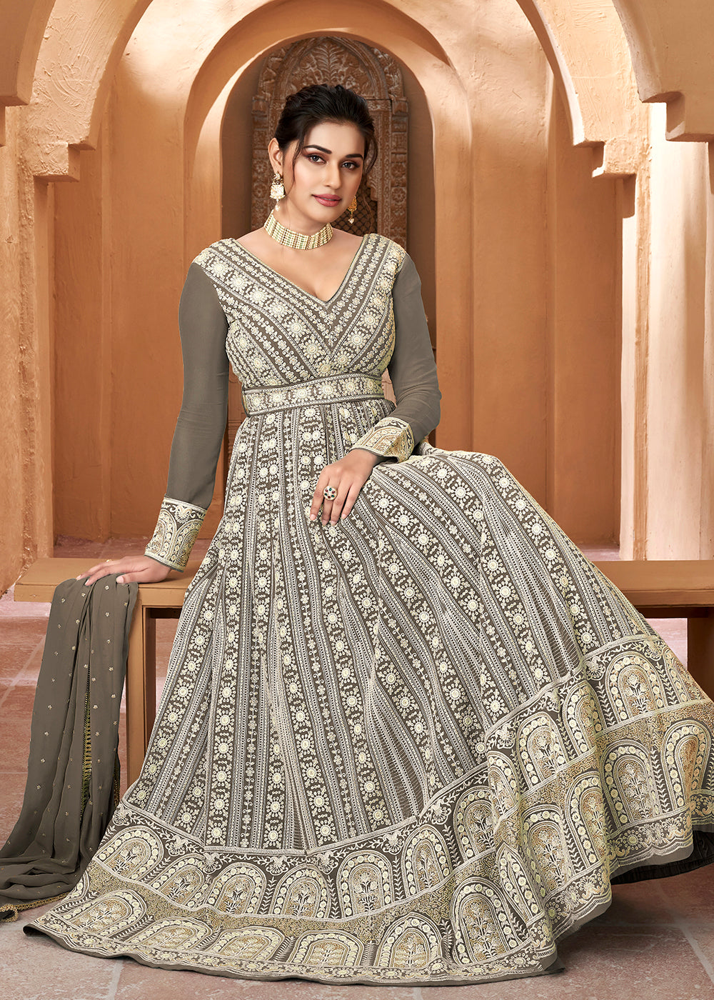 Buy Now Lucknowi Floor Length Anchor Grey Ethnic Anarkali Suit Online in USA, UK, Australia, New Zealand, Canada, Italy & Worldwide at Empress Clothing. 