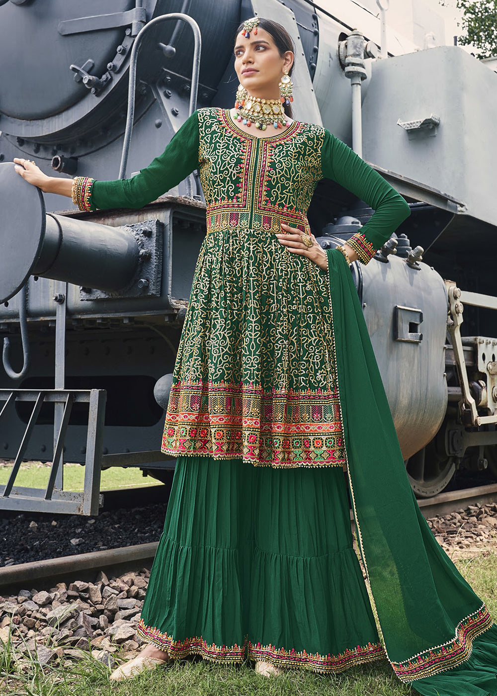Buy Now Party Style Admirable Green Chinon Palazzo Style Suit Online in USA, UK, Canada, Germany, Australia & Worldwide at Empress Clothing. 