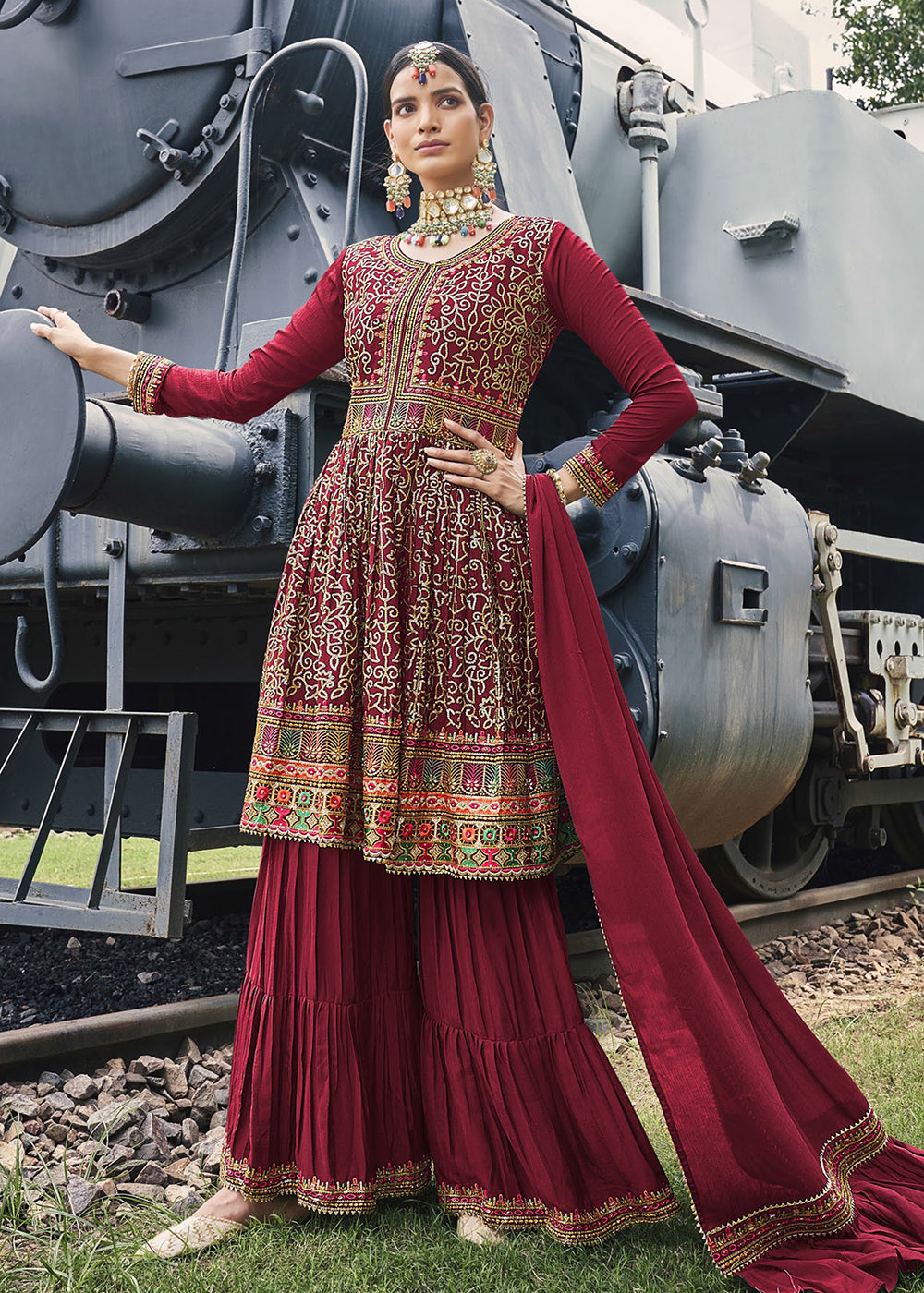 Buy Now Party Style Divine Maroon Chinon Palazzo Style Suit Online in USA, UK, Canada, Germany, Australia & Worldwide at Empress Clothing.