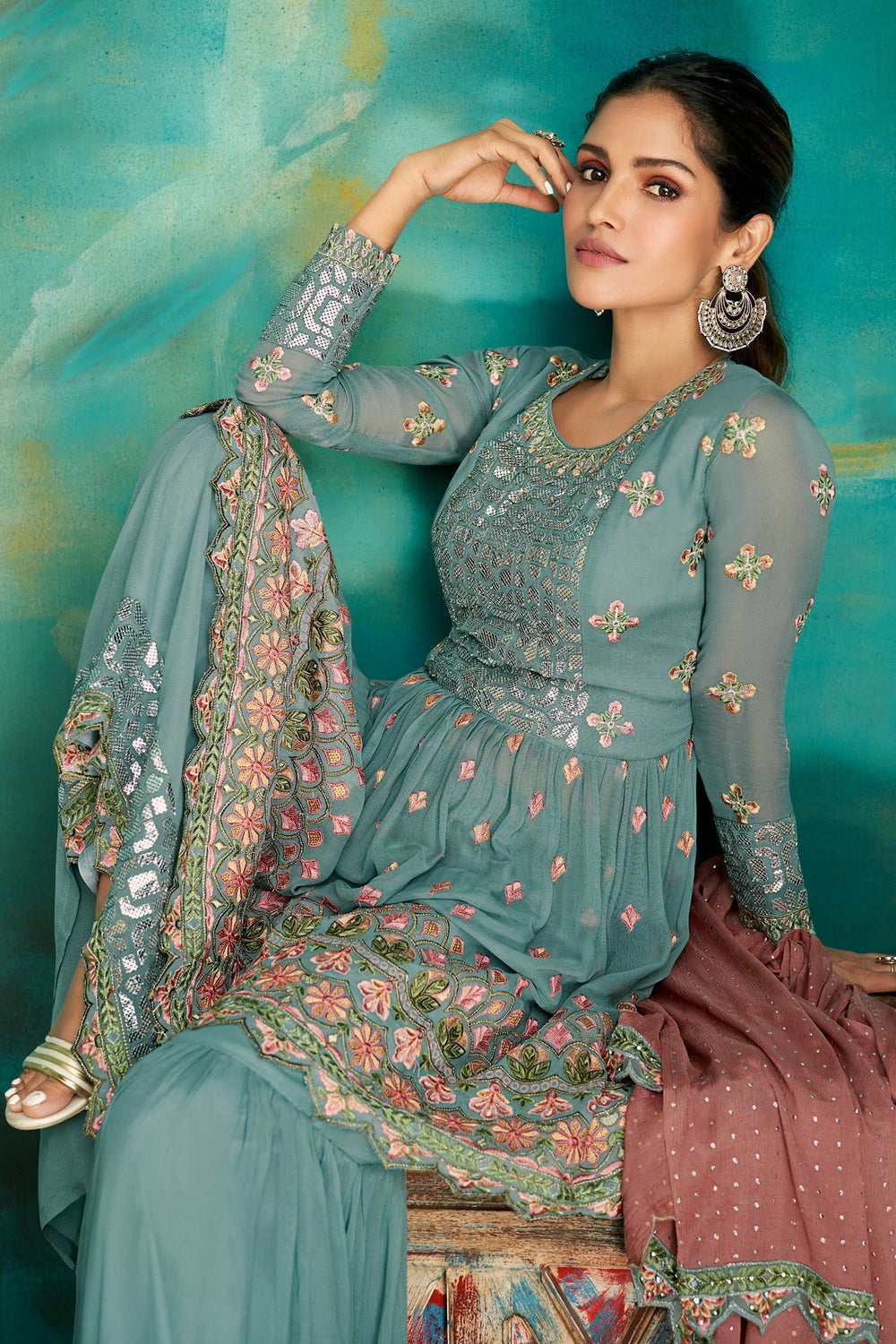 Buy Gharara Style Dusty Blue Sharara - Embroidered Sharara Suit