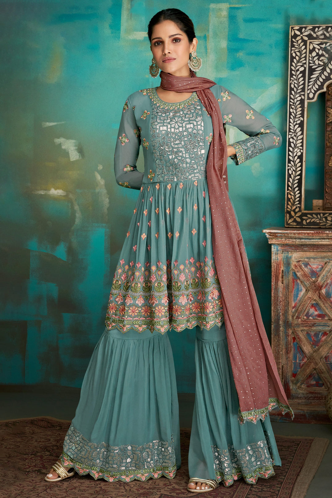 Buy Gharara Style Dusty Blue Sharara - Embroidered Sharara Suit