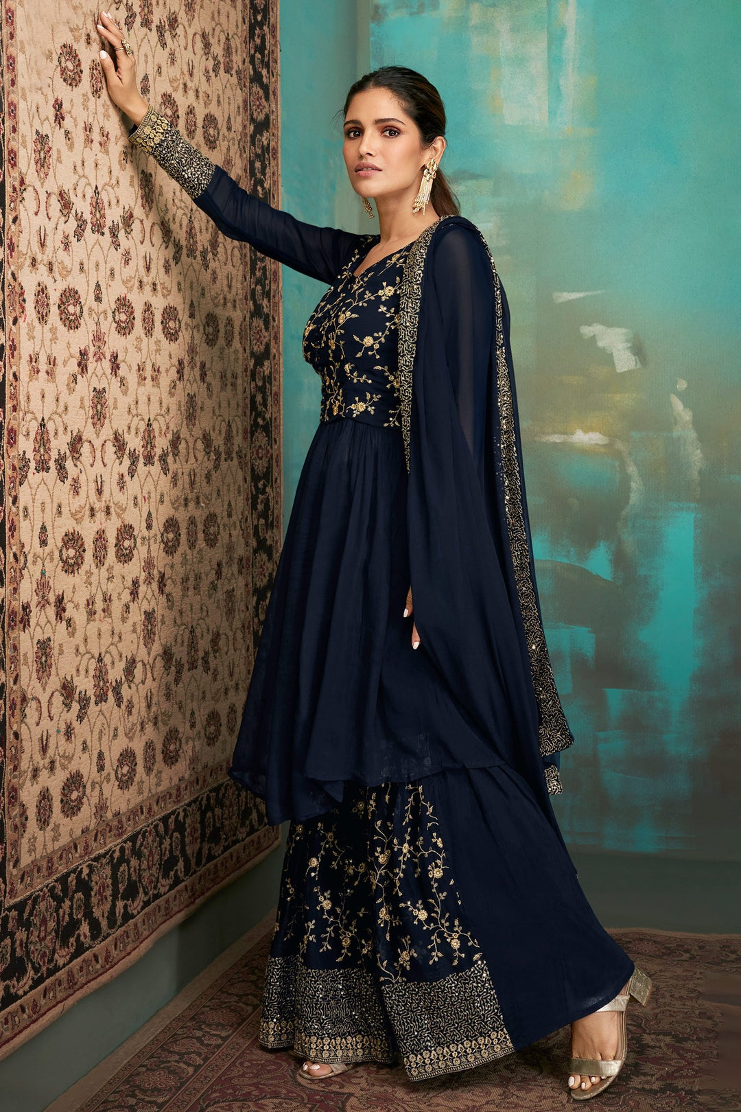 Gharara Style Navy Blue Embroidered Sharara Suit Gharara Style Navy Blue Embroidered Sharara Suit