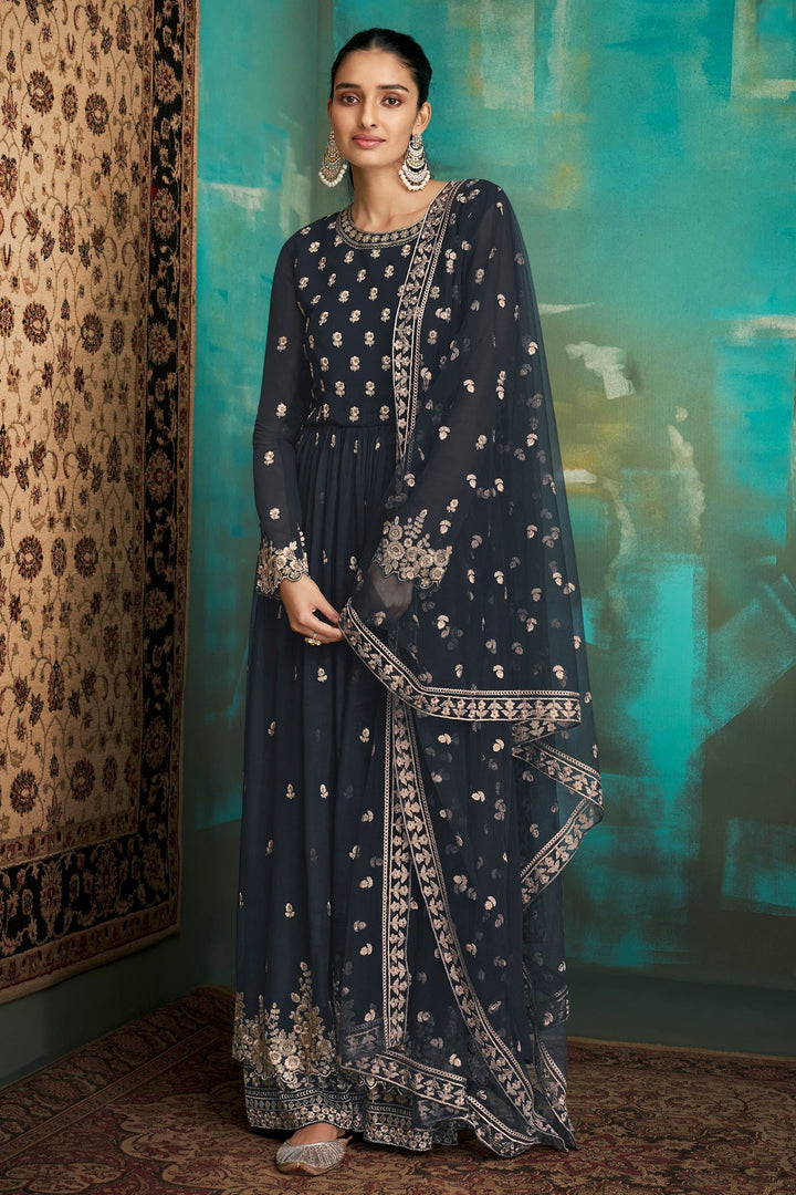 Anarkali Style Navy Blue Embroidered Sharara Suit