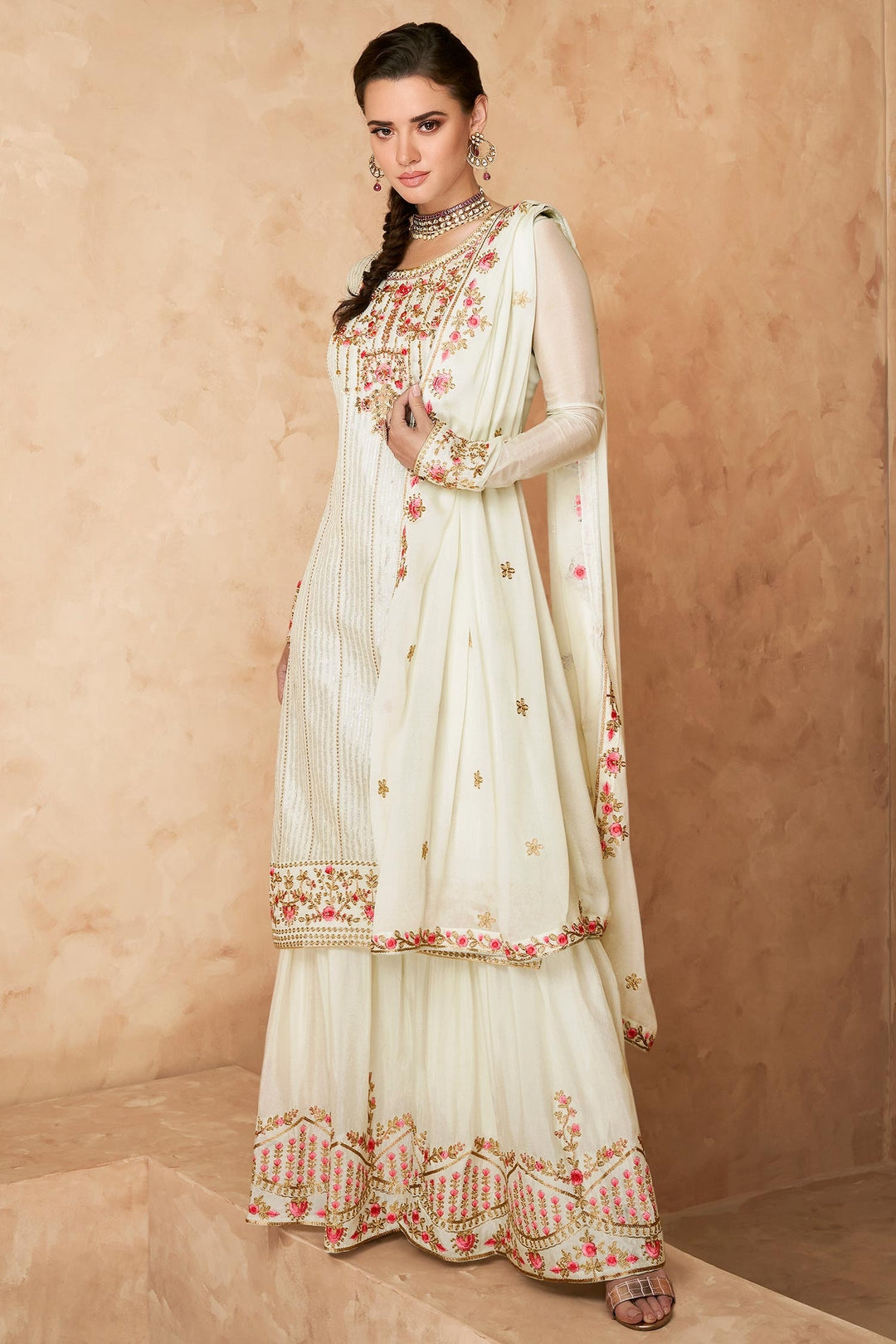 Buy Designer Off White Sharara - Georgette Embroidered Sharara Outfit