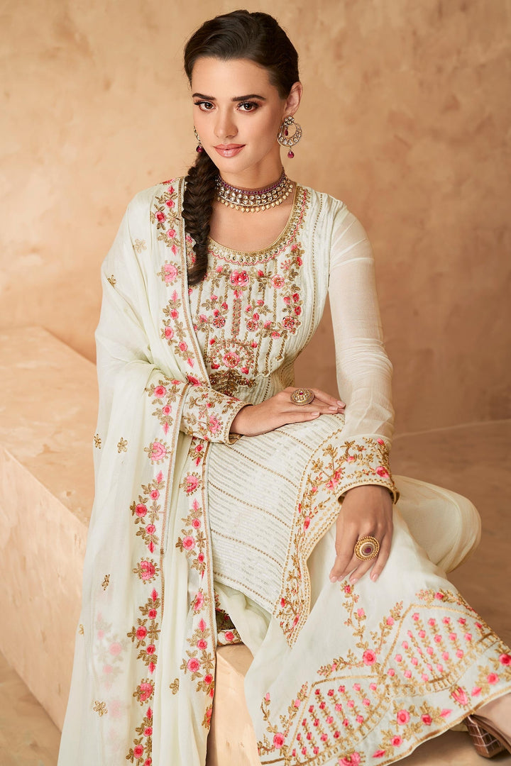 Buy Designer Off White Sharara - Georgette Embroidered Sharara Outfit
