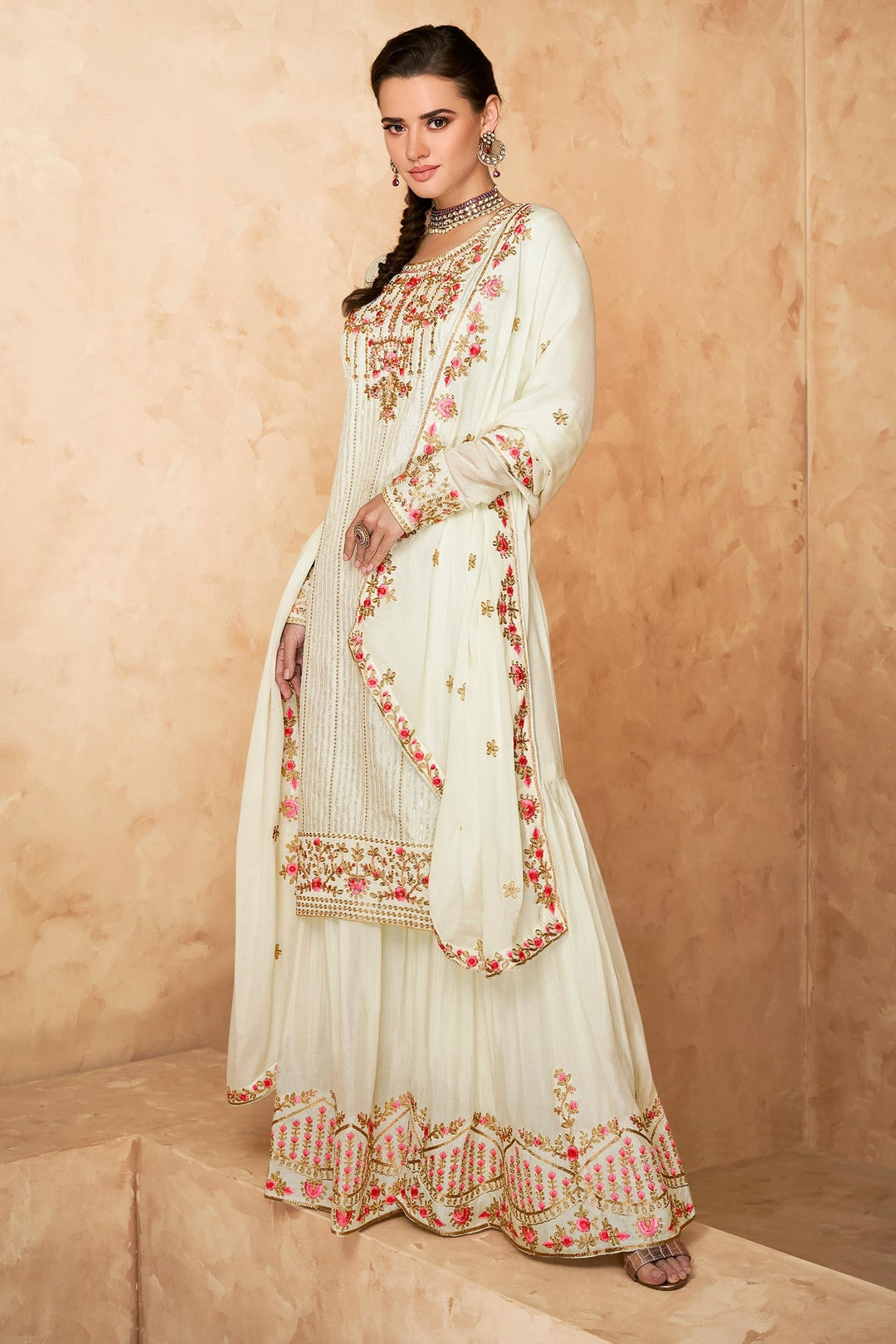 Designer Off White Georgette Embroidered Sharara Outfit
