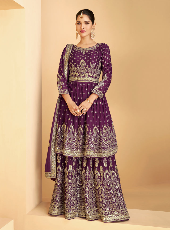 Buy Designer Plum Purple Georgette Sharara - Pakistani Sharara Suit