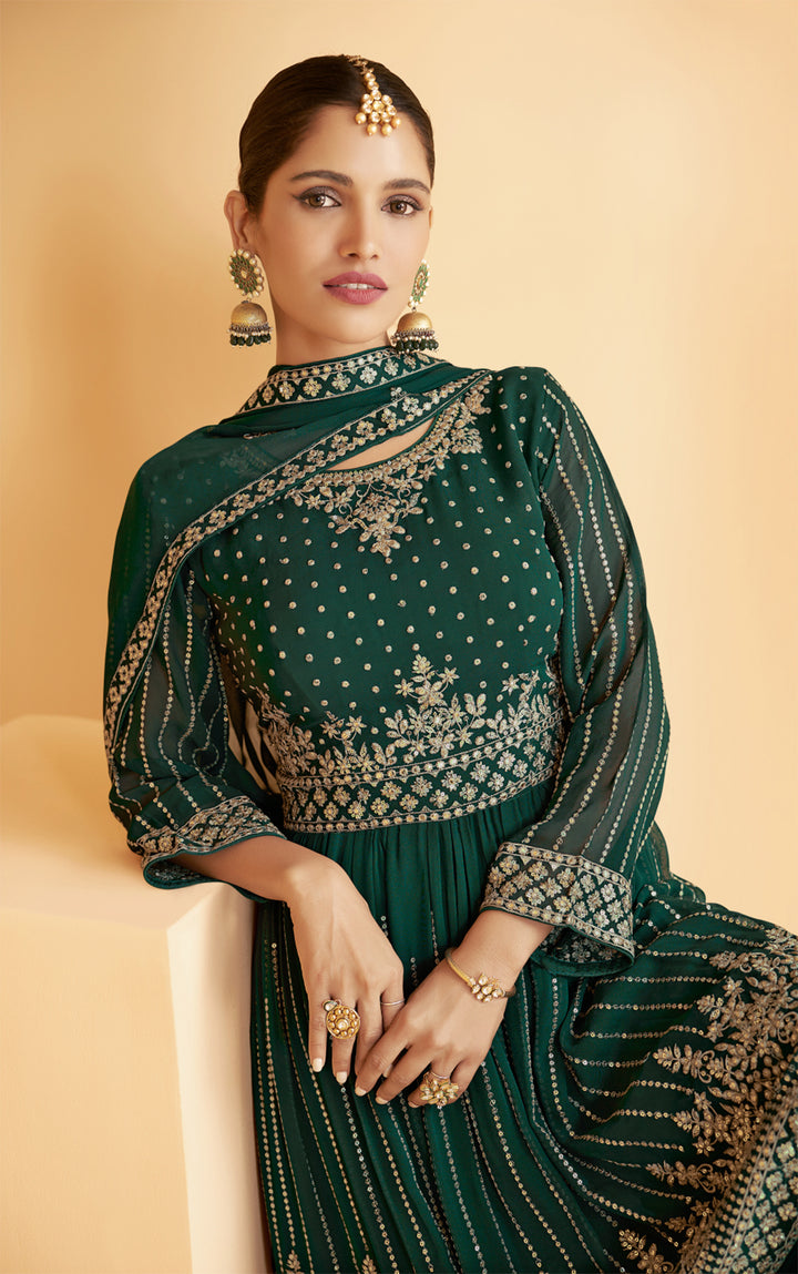 Buy Designer Dark Green Georgette Sharara - Pakistani Sharara Suit