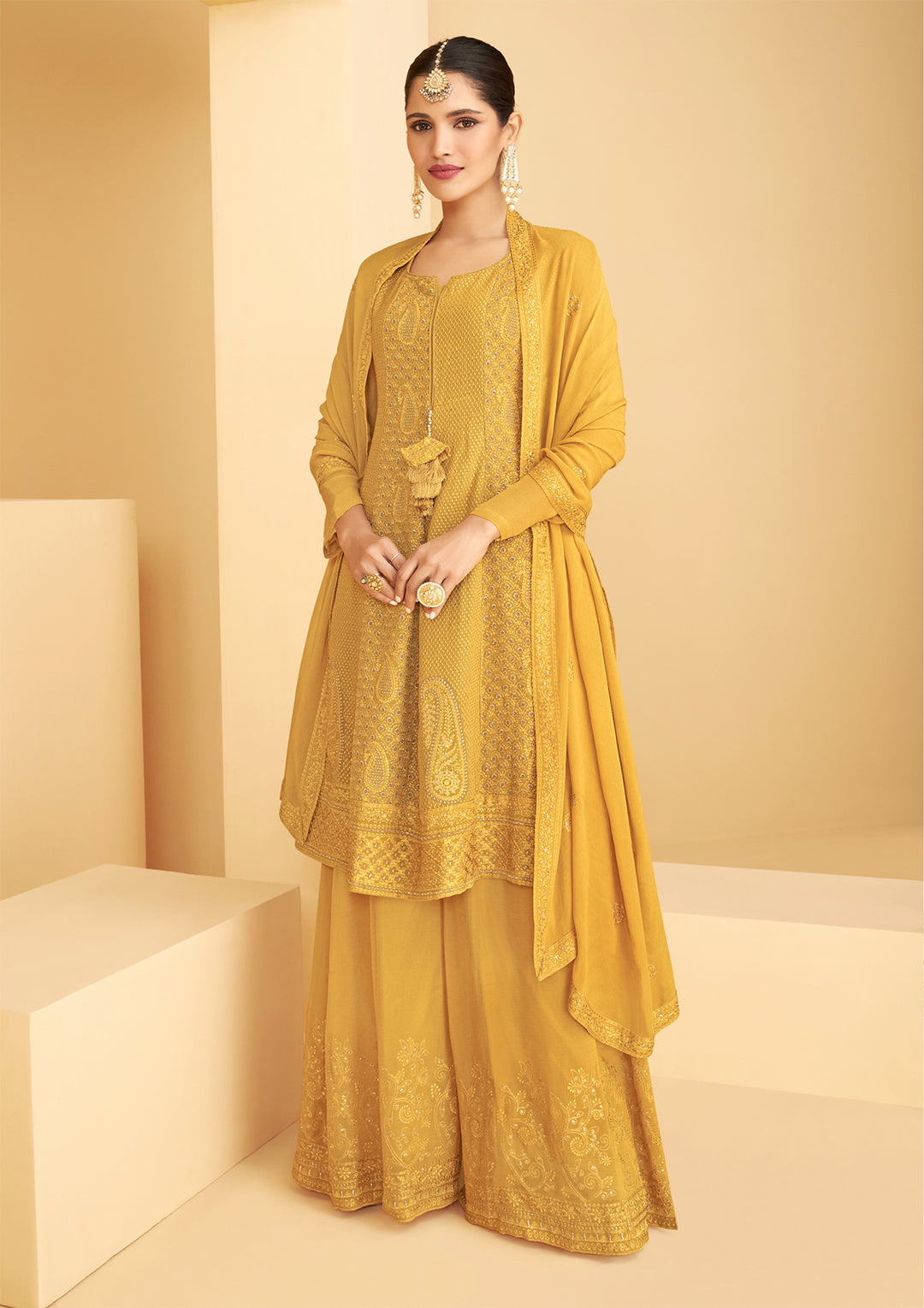 Buy Designer Bright Yellow Georgette Sharara - Pakistani Sharara Suit