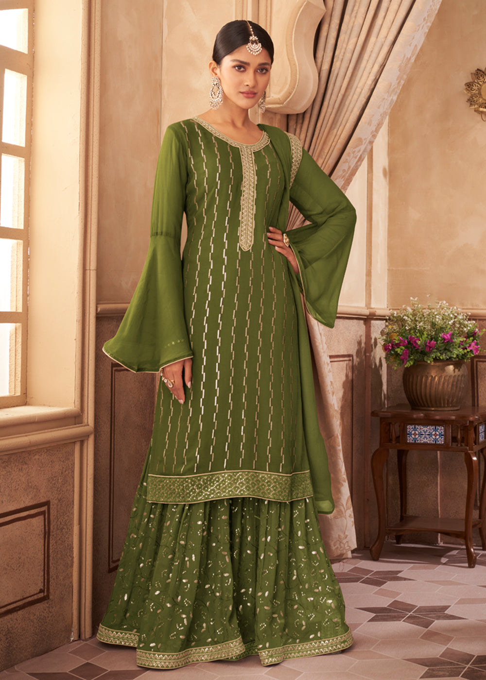 Buy Heavy Faux Georgette Green Suit - Embroidered Palazzo Suit