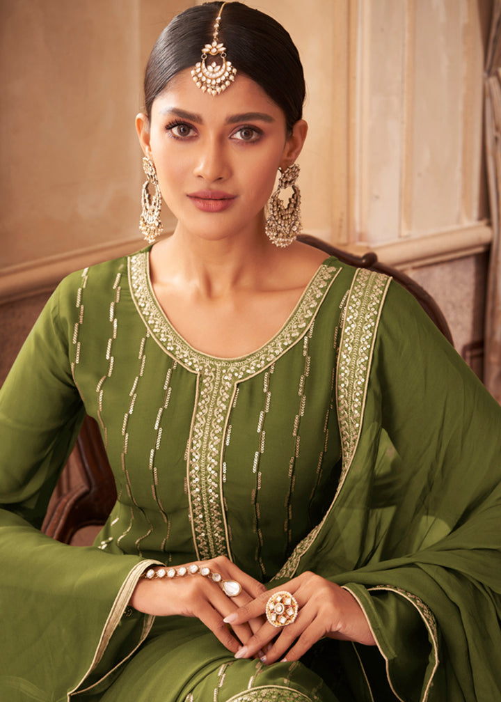 Buy Heavy Faux Georgette Green Suit - Embroidered Palazzo Suit