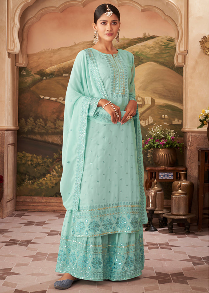 Buy Heavy Faux Georgette Sky Blue Suit - Embroidered Palazzo Suit