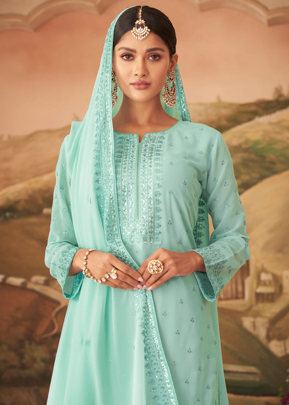 Buy Heavy Faux Georgette Sky Blue Suit - Embroidered Palazzo Suit