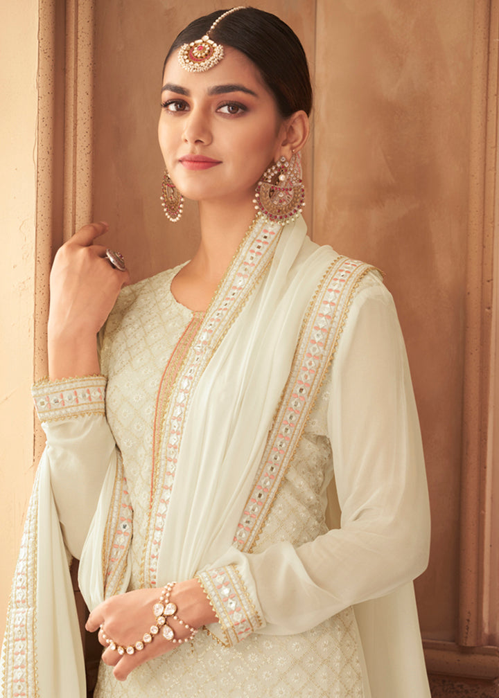 Buy Heavy Faux Georgette Off White Suit - Embroidered Palazzo Suit