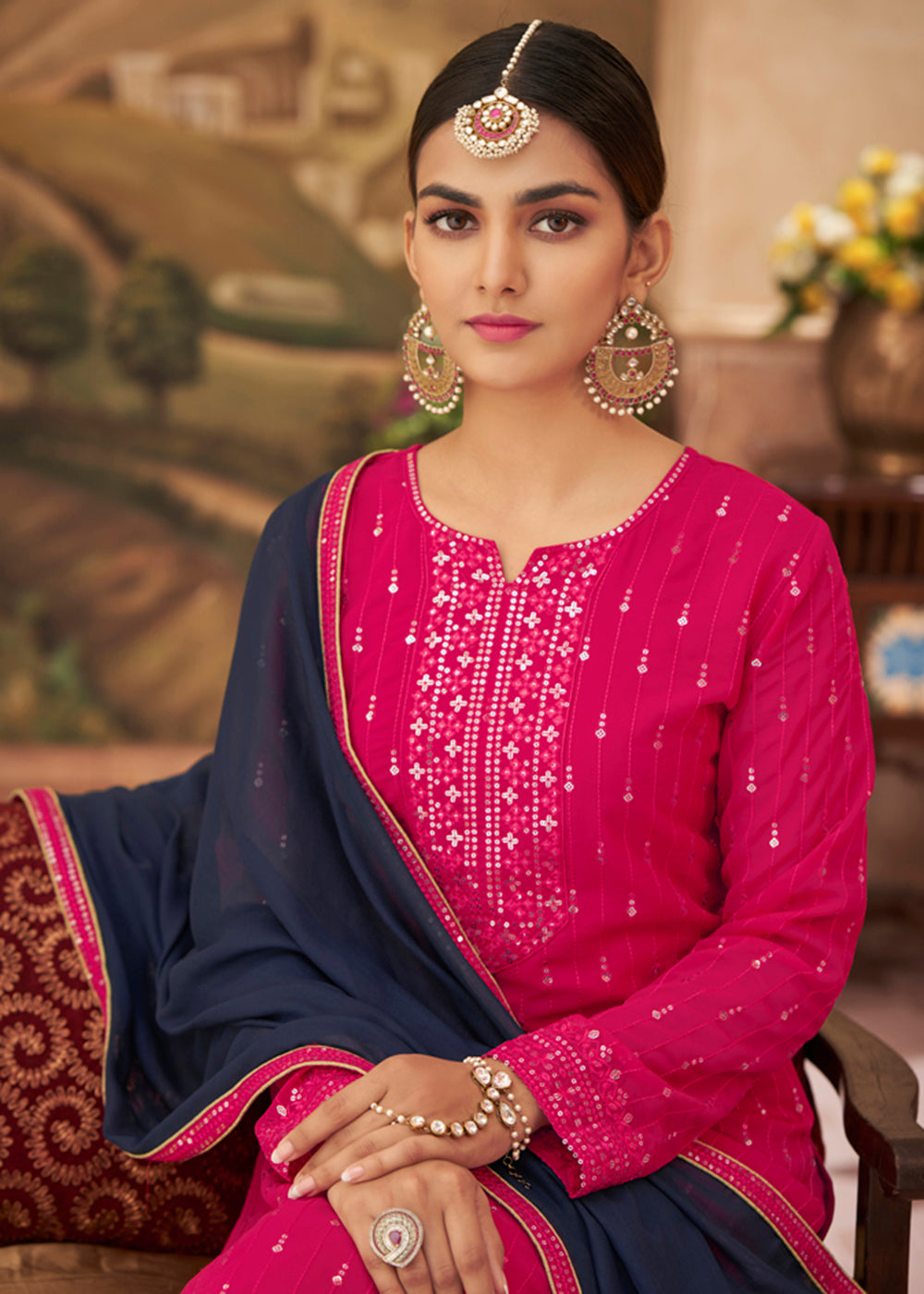 Buy Heavy Faux Georgette Hot Pink Suit - Embroidered Palazzo Suit