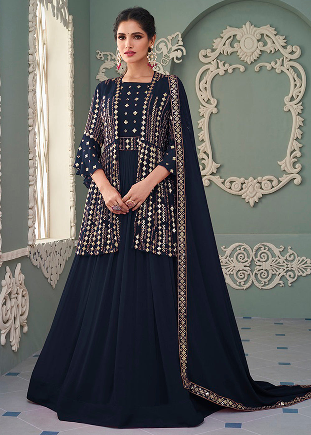 Buy Jacket Style Navy Blue Embroidered Anarkali - Wedding Anarkali