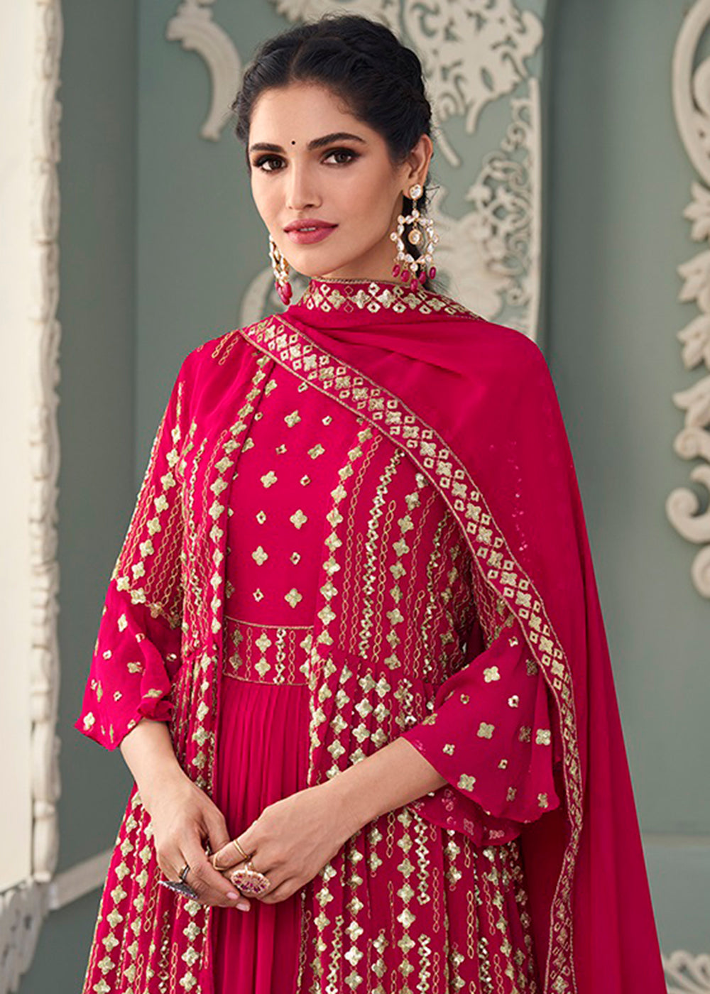 Buy Jacket Style Hot Pink Embroidered Anarkali - Wedding Anarkali