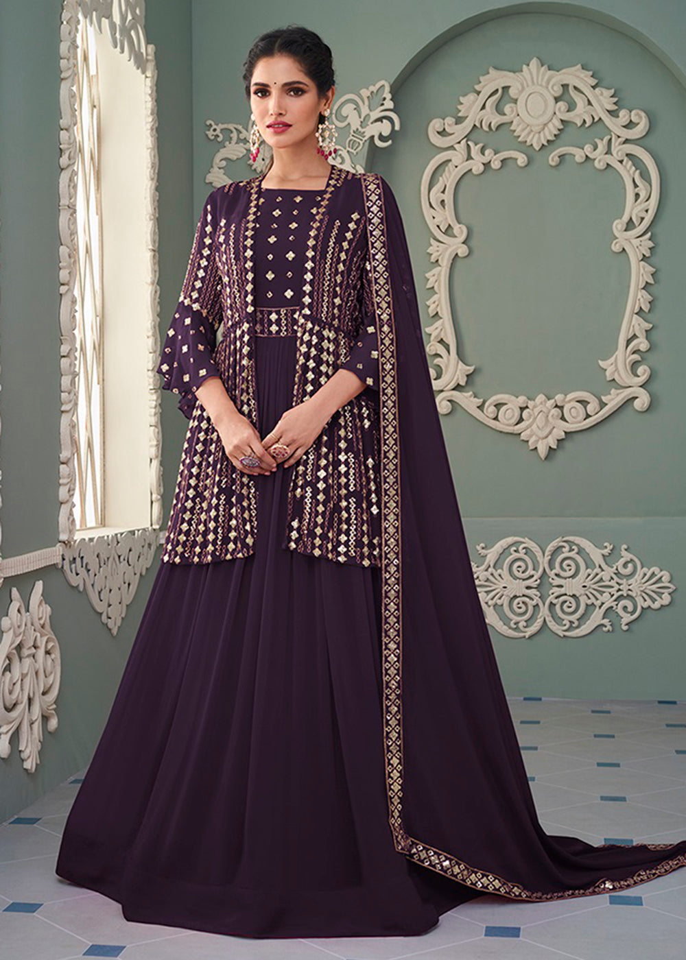 Buy Jacket Style Plum Purple Embroidered Anarkali - Wedding Anarkali