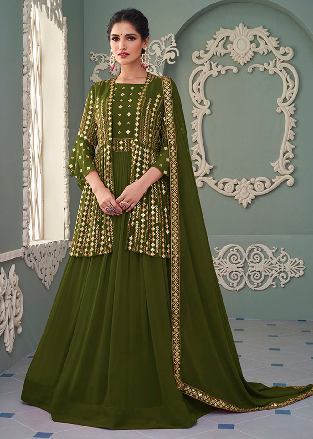 Buy Jacket Style Lovely Green Embroidered Anarkali - Wedding Anarkali