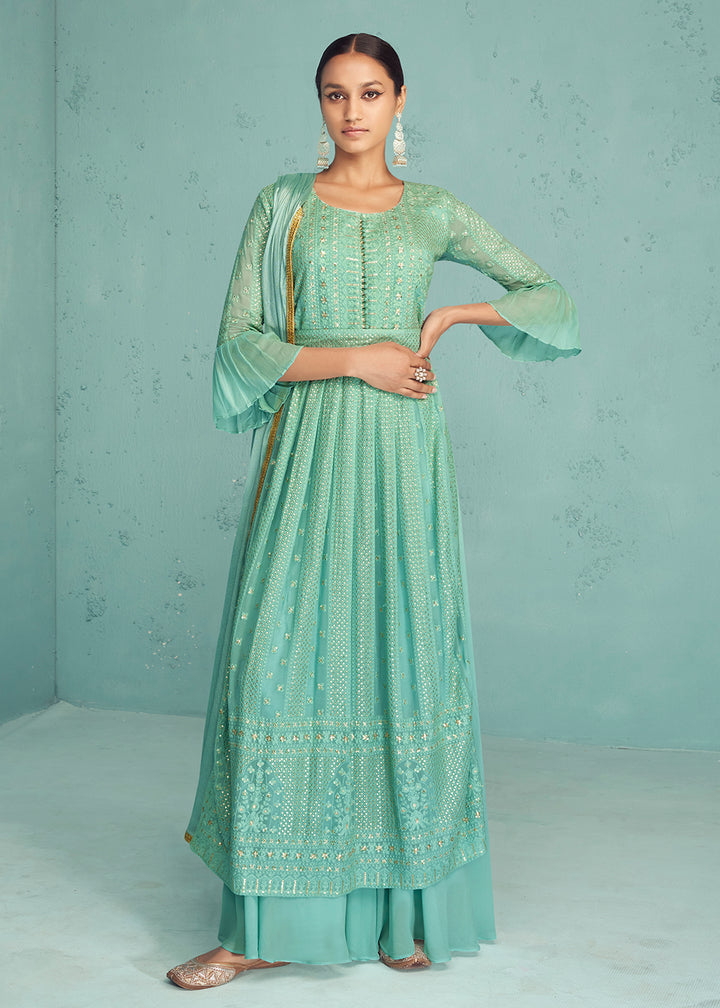 Buy Now Traditional Aqua Blue Georgette Embroidered Anarkali Suit Online in USA, UK, Australia, New Zealand, Canada & Worldwide at Empress Clothing. 
