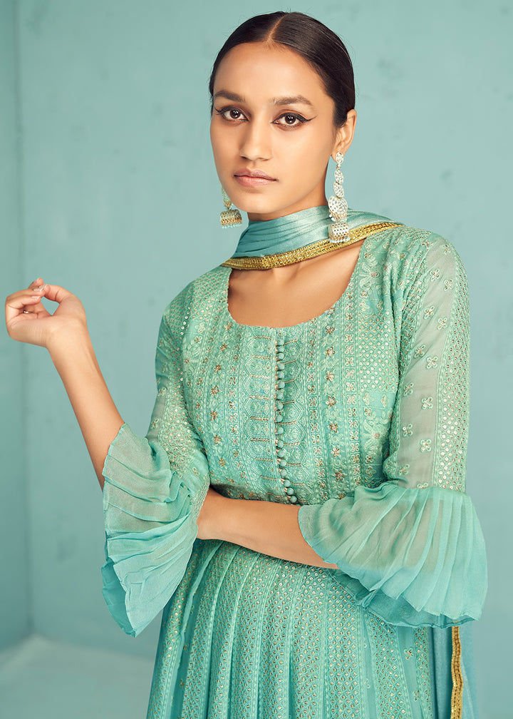 Buy Now Traditional Aqua Blue Georgette Embroidered Anarkali Suit Online in USA, UK, Australia, New Zealand, Canada & Worldwide at Empress Clothing. 