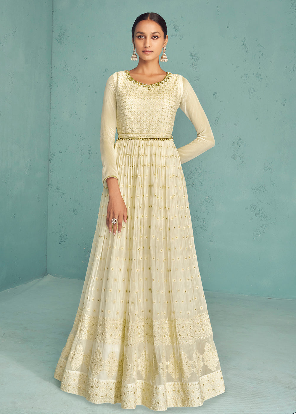 Buy Now Traditional Ivory Beige Georgette Embroidered Anarkali Suit Online in USA, UK, Australia, New Zealand, Canada & Worldwide at Empress Clothing.
