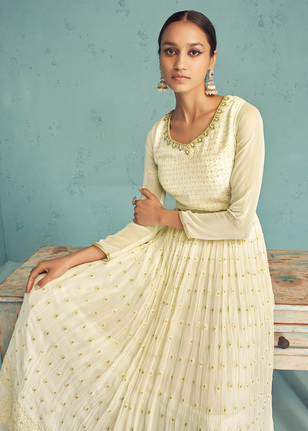Buy Now Traditional Ivory Beige Georgette Embroidered Anarkali Suit Online in USA, UK, Australia, New Zealand, Canada & Worldwide at Empress Clothing.
