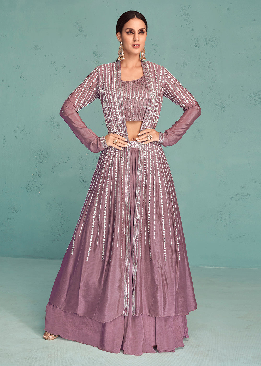 Shop Now Dusty Mauve Indo-Western Jacket Style Georgette Skirt Dress Online in USA, UK, Canada & Worldwide at Empress Clothing. 