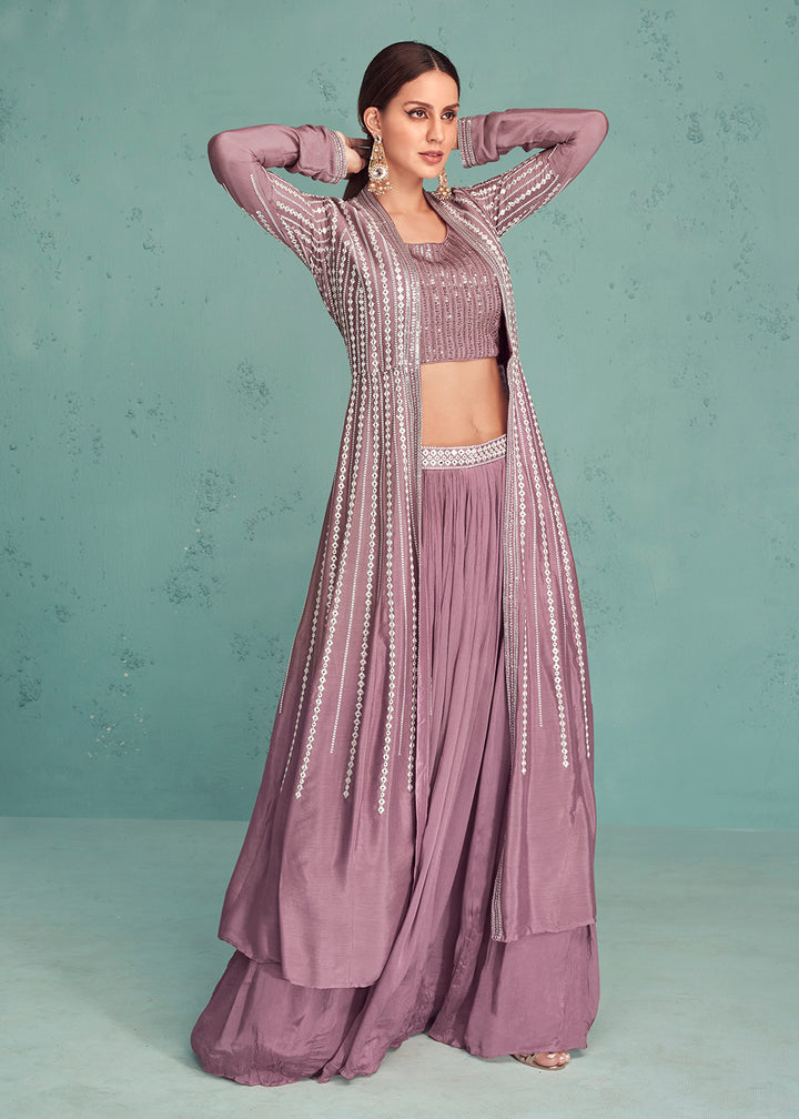 Shop Now Dusty Mauve Indo-Western Jacket Style Georgette Skirt Dress Online in USA, UK, Canada & Worldwide at Empress Clothing. 
