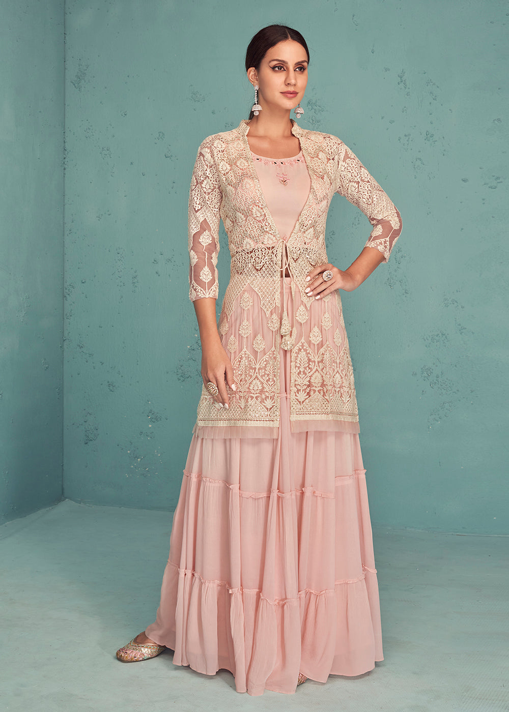 Shop Now Soft Peach Indo-Western Jacket Style Georgette Skirt Dress Online in USA, UK, Canada & Worldwide at Empress Clothing.
