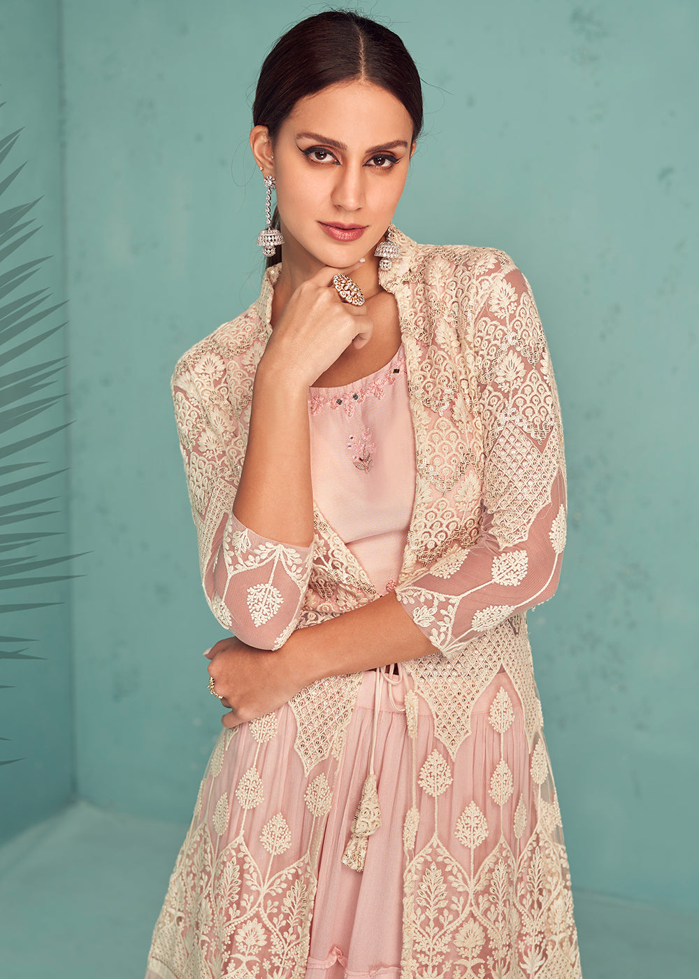 Shop Now Soft Peach Indo-Western Jacket Style Georgette Skirt Dress Online in USA, UK, Canada & Worldwide at Empress Clothing.