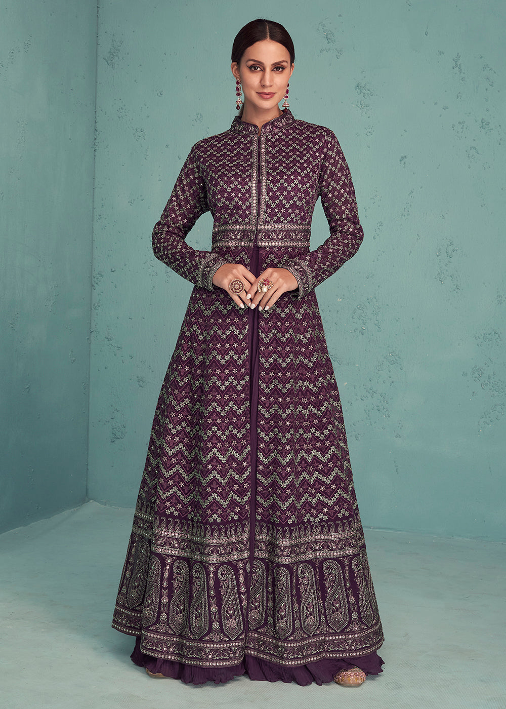 Shop Now Plum Purple Indo-Western Anarkali Style Georgette Skirt Dress Online in USA, UK, Canada & Worldwide at Empress Clothing. 