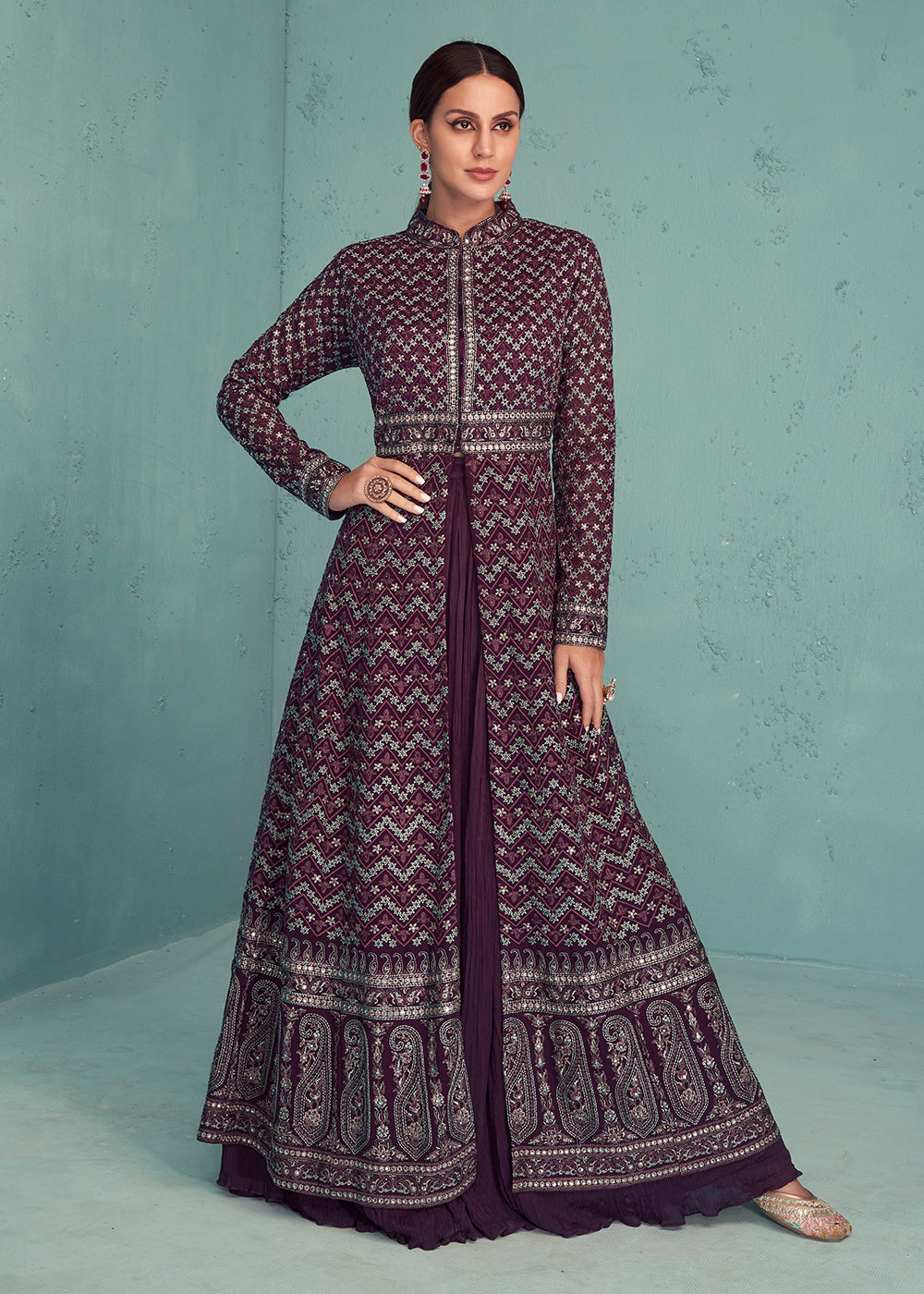 Indo Western Anarkalis For Engagement Plum Purple Indo-Western Anarkali Style Georgette Skirt Dress Indo Western Anarkalis For Engagement Plum Purple Indo-Western Anarkali Style Georgette Skirt Dress