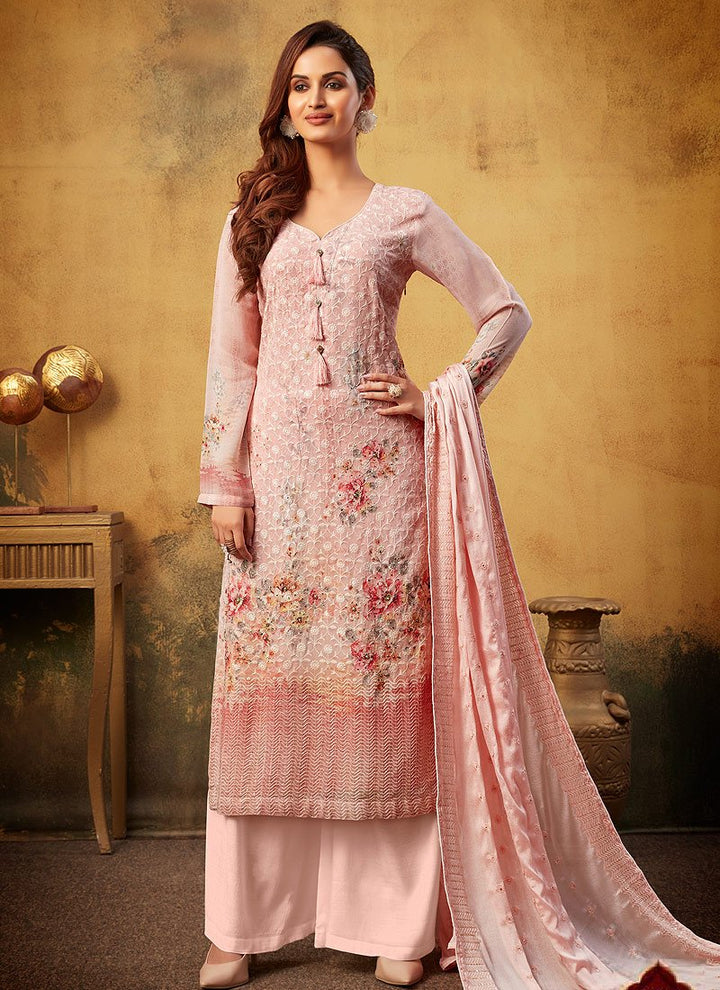 Peach Embroidered Suit - Buy Bamber Georgette Palazzo Suit