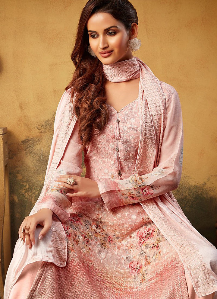 Peach Embroidered Bamber Georgette Palazzo Suit