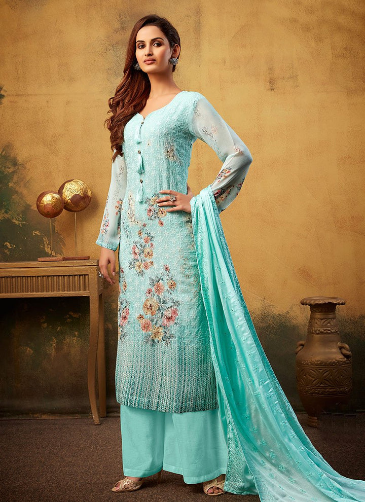Aqua Blue Embroidered Suit - Buy Bamber Georgette Palazzo Suit