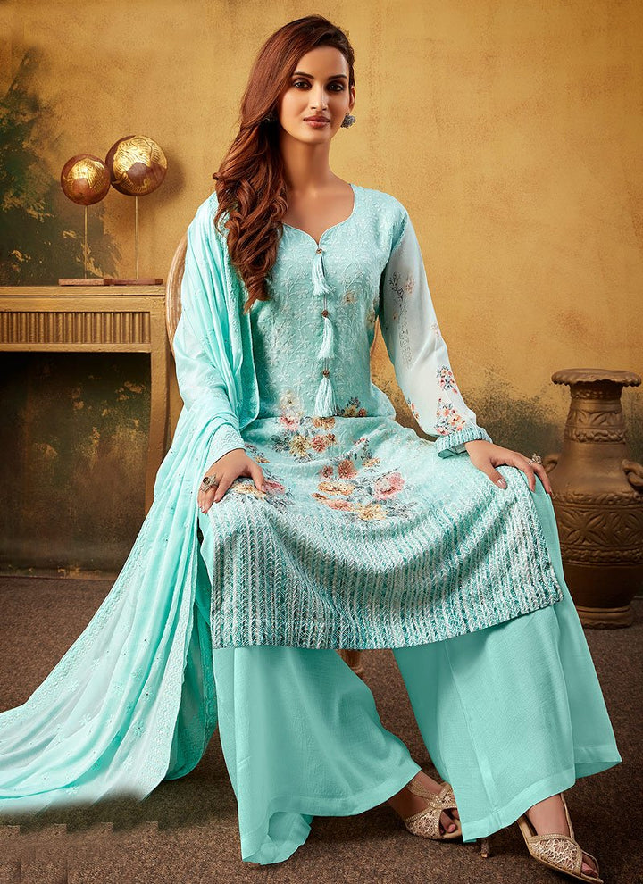 Aqua Blue Embroidered Bamber Georgette Palazzo Suit