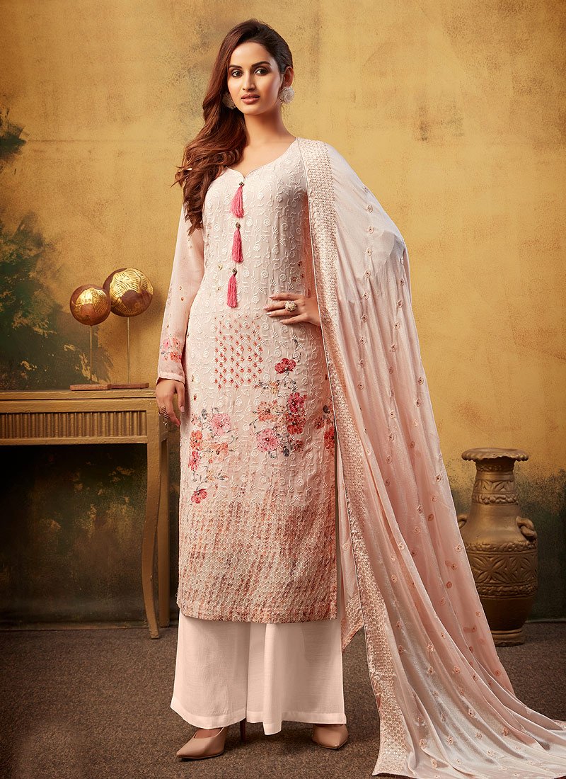Soft Peach Embroidered Suit - Buy Bamber Georgette Palazzo Suit